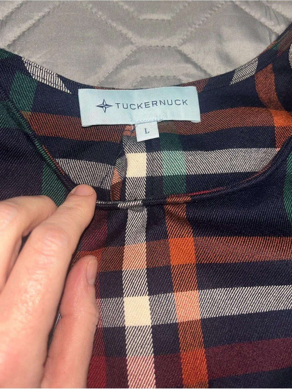 Tuckernuck Navy Plaid Top with Orange, Green, Burgundy and Cream Accents Lg